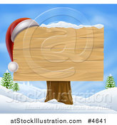 Vector Illustration of a Wooden Christmas Sign with a Santa Hat in a Winter Landscape over Blue Sky by AtStockIllustration