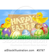 Vector Illustration of a Wooden Happy Easter Sign with Chicks and Easter Eggs Against Blue Sky by AtStockIllustration