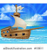 Vector Illustration of a Wooden Ship in a Beautiful Blue Sea at Sunrise or Sunset by AtStockIllustration