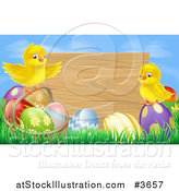 Vector Illustration of a Wooden Sign Against a Blue Sky with Easter Eggs and Chicks by AtStockIllustration