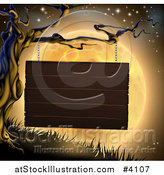 Vector Illustration of a Wooden Sign Hanging from a Spooky Tree Against an Orange Halloween Moon by AtStockIllustration