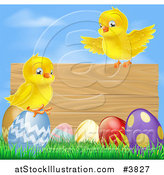 Vector Illustration of a Wooden Sign with Chicks and Easter Eggs Against Blue Sky by AtStockIllustration