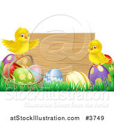 Vector Illustration of a Wooden Sign with Easter Chicks and Eggs by AtStockIllustration