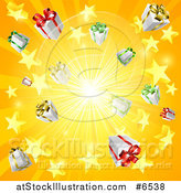 Vector Illustration of a Yellow and Orange Sun Burst of 3d Gifts and Stars by AtStockIllustration