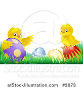 Vector Illustration of a Yellow Easter Chicks Playing in Grass with Eggs by AtStockIllustration