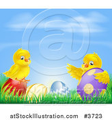Vector Illustration of a Yellow Easter Chicks Playing in Grass with Eggs Under a Blue Sky by AtStockIllustration