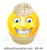 Vector Illustration of a Yellow Male Smiley Emoji Emoticon Face Cupcake with Sprinkles and Frosting by AtStockIllustration