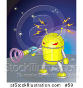 Vector Illustration of a Yellow Robot Shooting a Gun While on a Planet in Space by AtStockIllustration