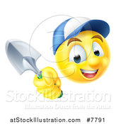 Vector Illustration of a Yellow Smiley Emoji Emoticon Gardener Wearing a Hat and Holding a Trowel Spade by AtStockIllustration