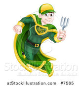 Vector Illustration of a Young Brunette Caucasian Male Super Hero Running with a Garden Fork or Hand Rake by AtStockIllustration