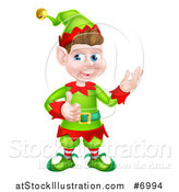 Vector Illustration of a Young Brunette White Male Christmas Elf Presenting and Giving a Thumb up by AtStockIllustration