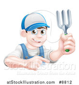 Vector Illustration of a Young Brunette White Male Gardener in Blue, Holding a Garden Fork and Pointing over a Sign by AtStockIllustration