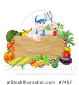 Vector Illustration of a Young Brunette White Male Gardener in Blue, Holding up a Garden Fork and Giving a Thumb up over a Blank Wood Sign with Produce by AtStockIllustration