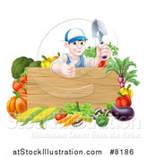 Vector Illustration of a Young Brunette White Male Gardener in Blue, Holding up a Garden Spade and Giving a Thumb up over a Blank Wood Sign with Produce by AtStockIllustration