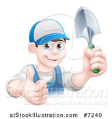 Vector Illustration of a Young Brunette White Male Gardener in Blue, Holding up a Shovel and Giving a Thumb up by AtStockIllustration