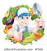 Vector Illustration of a Young Brunette White Male Gardener in Blue, Holding up a Shovel and Giving a Thumb up in a Wreath of Produce by AtStockIllustration