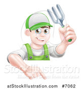 Vector Illustration of a Young Brunette White Male Gardener in Green, Holding up a Garden Fork and Pointing down over a Sign by AtStockIllustration