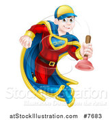 Vector Illustration of a Young Brunette White Male Plumber Super Hero Running with a Plunger by AtStockIllustration