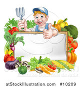 Vector Illustration of a Young Caucasian Male Gardener in Blue, Holding up a Garden Fork and Giving a Thumb up over a Blank White Sign with Produce by AtStockIllustration