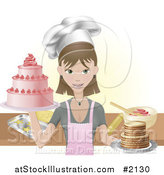 Vector Illustration of a Young Female Chef Holding Two Cakes by AtStockIllustration