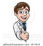 Vector Illustration of a Young Male Scientist Giving a Thumb up Around a Sign by AtStockIllustration