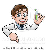 Vector Illustration of a Young Male Scientist Pointing down and Holding a Test Tube over a Sign by AtStockIllustration