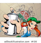 Vector Illustration of a Young Red Haired White Woman Spray Painting a Wall to Make Graffiti by AtStockIllustration