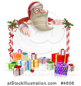 Vector Illustration of a Young Santa Claus Pointing down to a Candy Cane Sign with Gift Boxes by AtStockIllustration