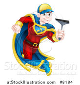 Vector Illustration of a Young Super Hero Brunette White Male Window Cleaner Running with a Squeegee by AtStockIllustration