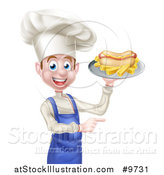 Vector Illustration of a Young White Male Chef Holding a Hot Dog and French Fries on a Platter and Pointing by AtStockIllustration