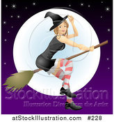 Vector Illustration of a Young Witch Flying on a Broomstick in Front of the Moon by AtStockIllustration