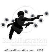 Vector Illustration of an Action Hero Leaping Through the Air and Shooting, with Bullet Holes by AtStockIllustration