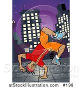 Vector Illustration of an African American Breakdancer Doing a One Handed Handstand on a Sidewalk at Night by AtStockIllustration
