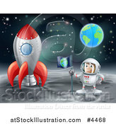 Vector Illustration of an Astronaut with a Flag, Standing on the Moon by a Rocket with Earth in the Distance by AtStockIllustration