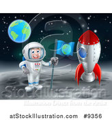 Vector Illustration of an Astronaut with a Flag, Standing on the Moon by a Rocket with Earth in the Distance by AtStockIllustration