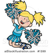 Vector Illustration of an Energetic Blond Cheerleader Girl in a Blue Uniform, Jumping with Pom Poms by AtStockIllustration
