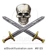 Vector Illustration of an Engraved Pirate Skull Above Crossed Swords by AtStockIllustration