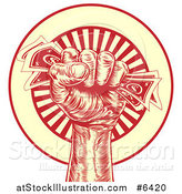 Vector Illustration of an Engraved Revolutionary Fist Holding Money over a Red and Yellow Burst Circle by AtStockIllustration
