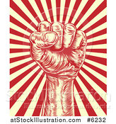 Vector Illustration of an Engraved Revolutionary Fist over Beige and Red Rays by AtStockIllustration