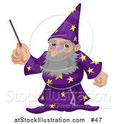 Vector Illustration of an Old Male Warlock Wizard Magician in a Purple Cloak with Star Patterns, Holding a Magic Wand by AtStockIllustration