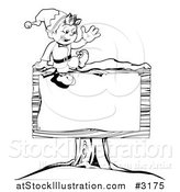 Vector Illustration of an Outlined Happy Waving Christmas Elf Sitting on a Wooden Sign by AtStockIllustration