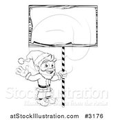 Vector Illustration of an Outlined Santa Waving and Holding up a Christmas Sign by AtStockIllustration