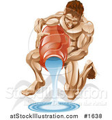 Vector Illustration of Aquarius the Water Pourer Kneeling and Pouring Water from a Jug, with the Zodiac Symbol by AtStockIllustration