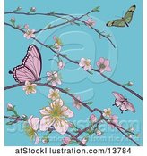 Vector Illustration of Background of Butterflies and Branches with Spring Blossoms over Blue Sky by AtStockIllustration