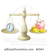 Vector Illustration of Balanced Scales with Time and a Piggy Bank by AtStockIllustration