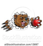 Vector Illustration of Bear Mascot Slashing Through a Wall with a Cricket Ball in a Paw by AtStockIllustration