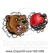 Vector Illustration of Bear Sports Mascot Breaking Through a Wall with a Cricket Ball in a Paw by AtStockIllustration