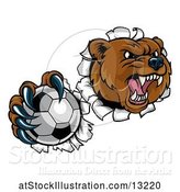 Vector Illustration of Bear Sports Mascot Breaking Through a Wall with a Soccer Ball in a Paw by AtStockIllustration