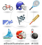 Vector Illustration of Bike, Helmet, Tennis Racket, Runner, Racing Flag, Cricket Bat, Sailboat, Hockey Helmet and Bowling Ball with Pin by AtStockIllustration