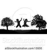 Vector Illustration of Black and White Border of Silhouetted KChildren Jumping Outdoors by AtStockIllustration